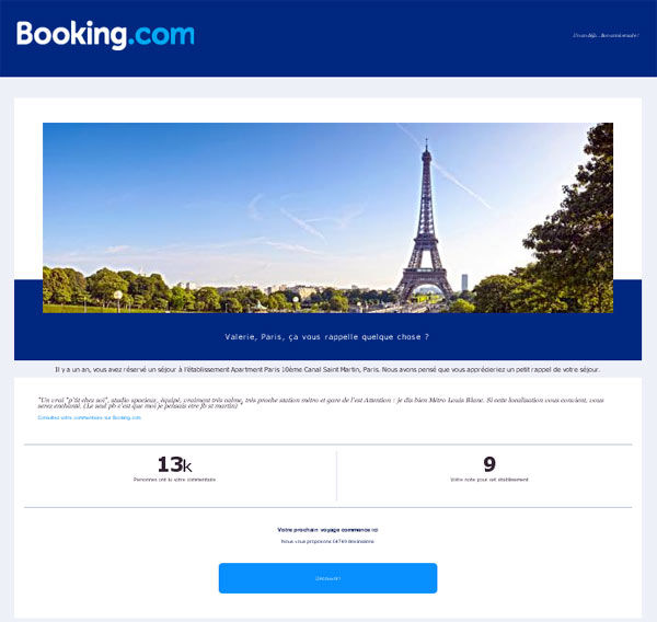 exemple emailing booking copie d'écran